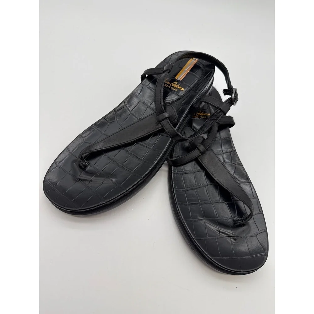 Sam Edelman Womens Black Croc Embossed T-Strap Buckle Ankle Sandals Size 7